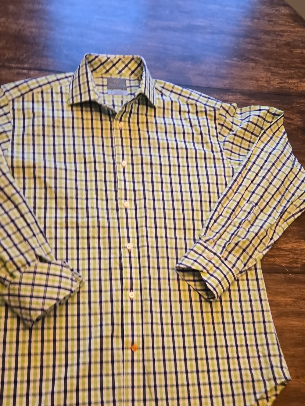 Thomas Dean Lime Green and Blue Plaid Long-Sleeve Dress Shirt